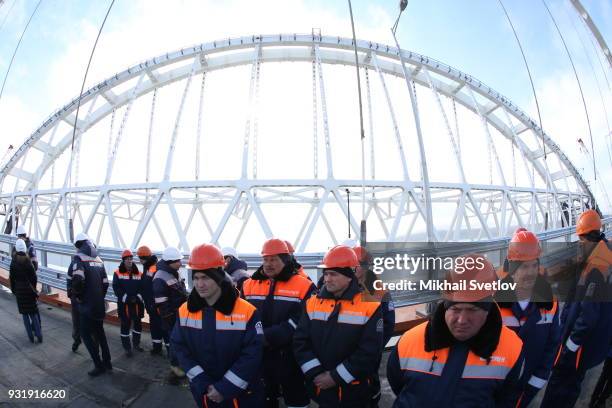 General view of the Crimean bridge which is being built to connect the Krasnodar region of Russia and Crimean Peninsula across the Kerch Strait on...