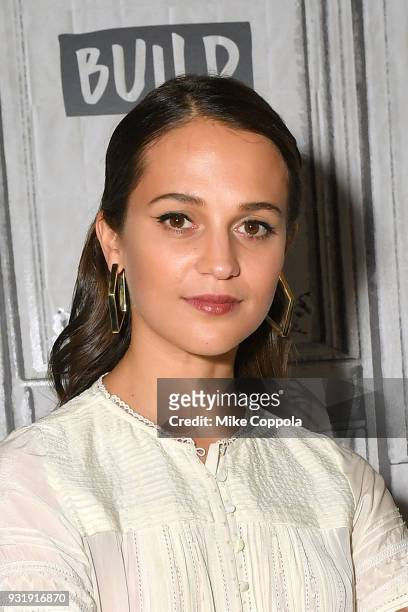 Actress Alicia Vikander visits the Build Studio on March 14, 2018 in New York City.