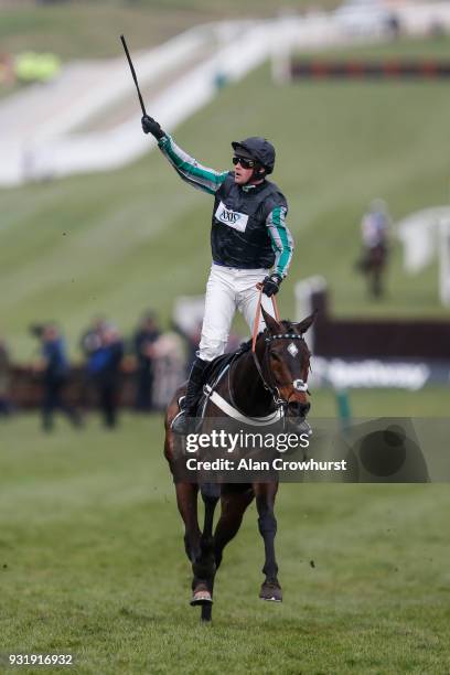 Nico de Boinville riding Altior clear the last to win The Betway Queen Mother Champion Steeple Chase at Cheltenham racecourse on Ladies Day on March...