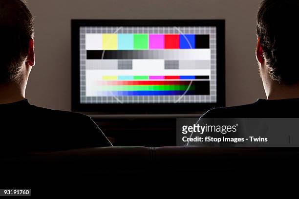 two men watching a test pattern on a television - watching tv from behind stockfoto's en -beelden