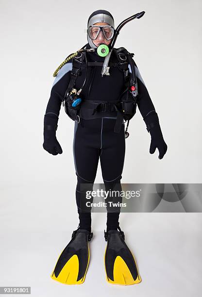 portrait of a scuba diver, studio shot - snorkel white background stock pictures, royalty-free photos & images