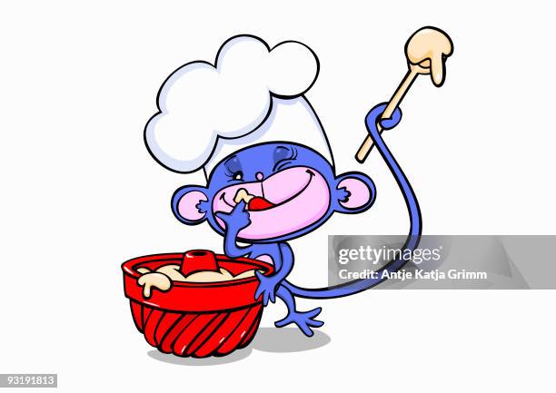 a cartoon mouse tasting baking ingredients - wooden spoon white background stock illustrations