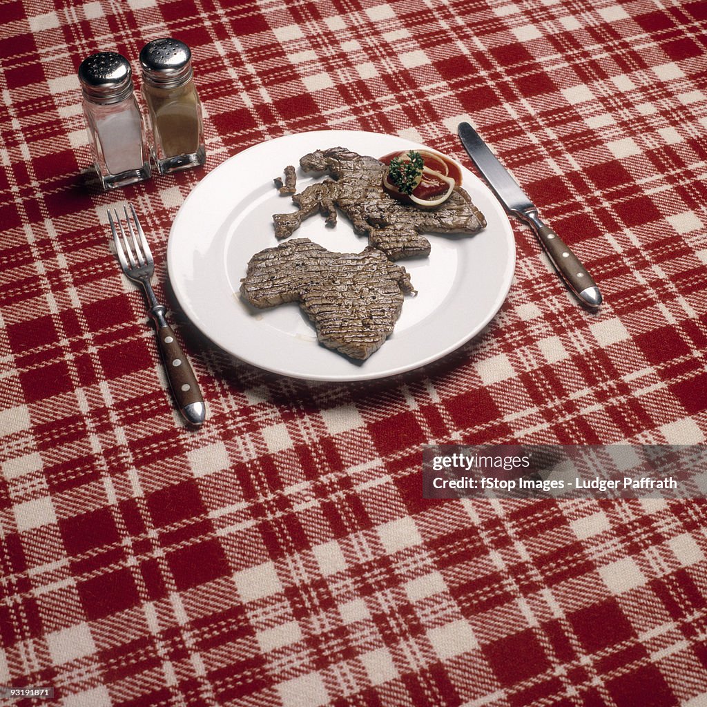 Grilled meat in the shape of Africa and Europe arranged on a plate