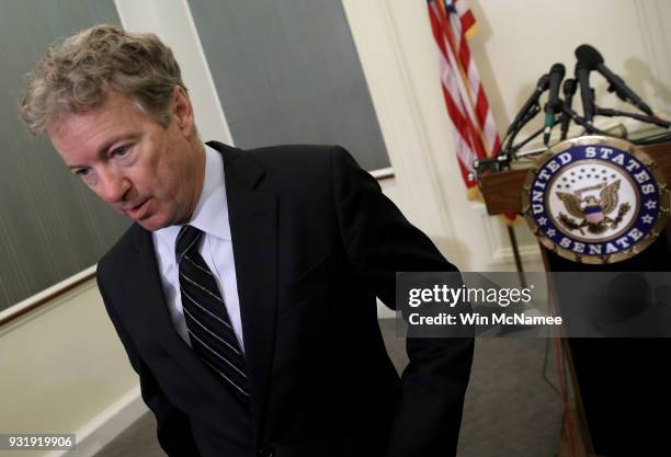 Sen. Rand Paul departs a press conference at the U.S. Capitol on March 14, 2018 in Washington, DC. During the press conference, Paul announced his...