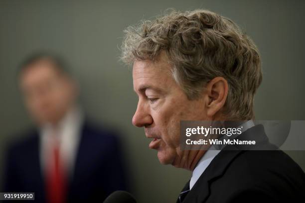 Sen. Rand Paul speaks during a press conference at the U.S. Capitol on March 14, 2018 in Washington, DC. During the press conference, Paul announced...