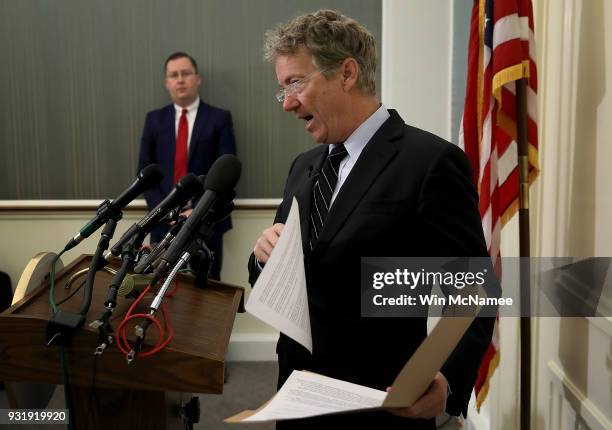 Sen. Rand Paul speaks during a press conference at the U.S. Capitol on March 14, 2018 in Washington, DC. During the press conference, Paul announced...