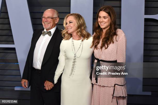 Jimmy Buffett, Jane Slagsvol and Sarah Buffett attend 2018 Vanity Fair Oscar Party Hosted By Radhika Jones - Arrivals at Wallis Annenberg Center for...