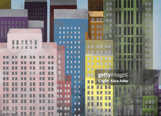 ilustraciones, imágenes clip art, dibujos animados e iconos de stock de vibrant colored skyscrapers - adler