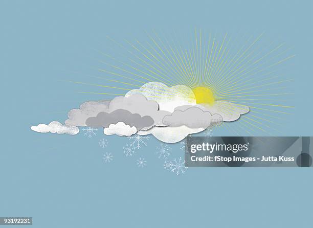 ilustraciones, imágenes clip art, dibujos animados e iconos de stock de clouds, sun and snowflakes - kuss