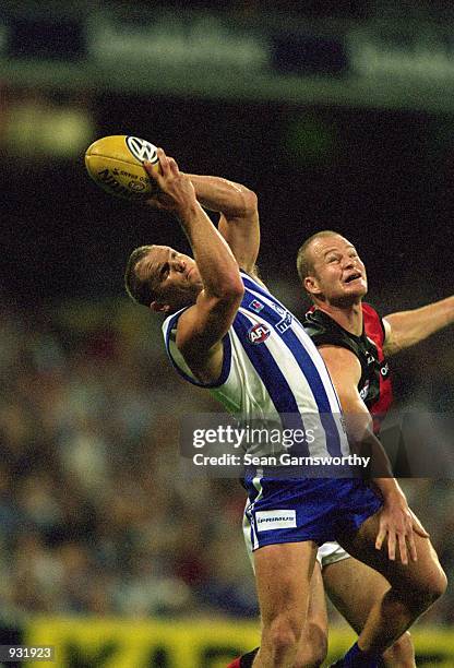 Glenn Archer the Kangaroos and Sean Wellman of Essendon in action during the A.F.L. Round 1 match played between the Essendon Bombers and the...