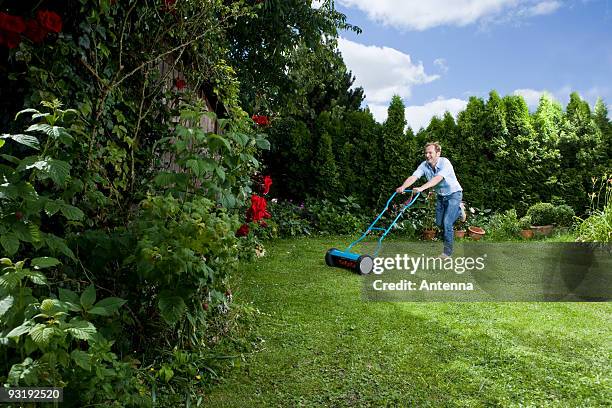 a man pushing a mower - handgrasmaaier stockfoto's en -beelden