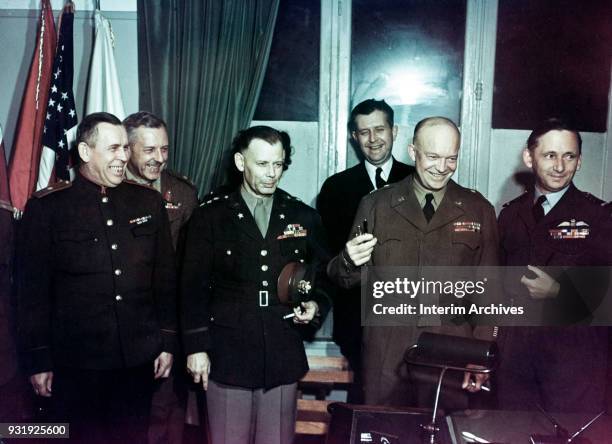 Portrait of, from left, Soviet General Ivan Susloparov , British General Frederick E Morgan , US Army Lieutenant General Walter Bedell Smith , US...