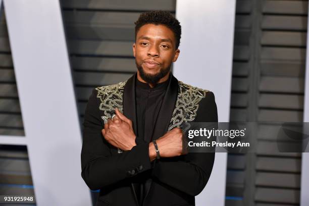 Chadwick Boseman attends the 2018 Vanity Fair Oscar Party Hosted By Radhika Jones - Arrivals at Wallis Annenberg Center for the Performing Arts on...