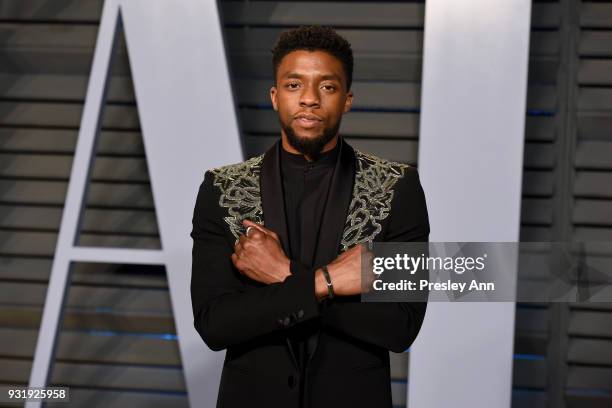 Chadwick Boseman attends the 2018 Vanity Fair Oscar Party Hosted By Radhika Jones - Arrivals at Wallis Annenberg Center for the Performing Arts on...