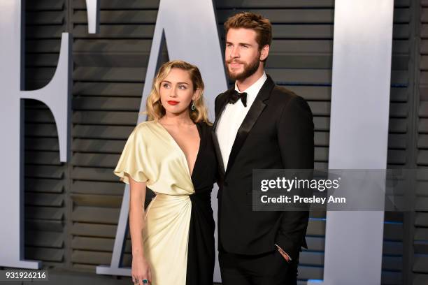 Miley Cyrus and Liam Hemsworth attend the 2018 Vanity Fair Oscar Party Hosted By Radhika Jones - Arrivals at Wallis Annenberg Center for the...