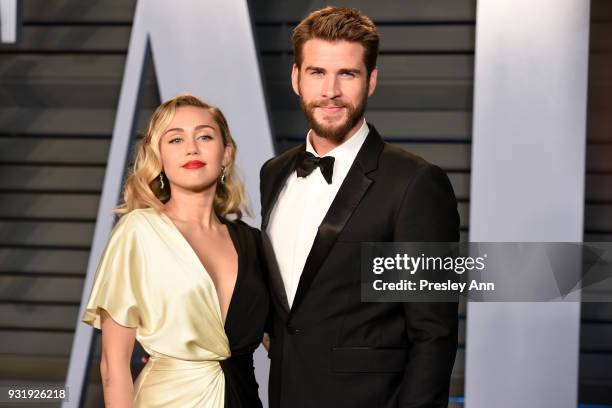 Miley Cyrus and Liam Hemsworth attend the 2018 Vanity Fair Oscar Party Hosted By Radhika Jones - Arrivals at Wallis Annenberg Center for the...