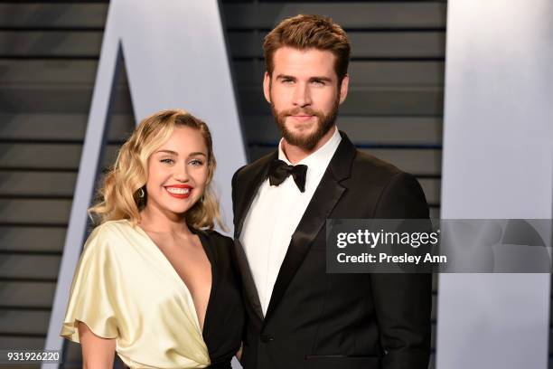 Miley Cyrus and Liam Hemsworth attend the 2018 Vanity Fair Oscar Party Hosted By Radhika Jones - Arrivals at Wallis Annenberg Center for the...