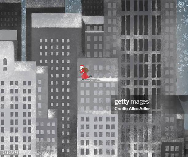 santa clause running on a skyscraper - city night stock illustrations