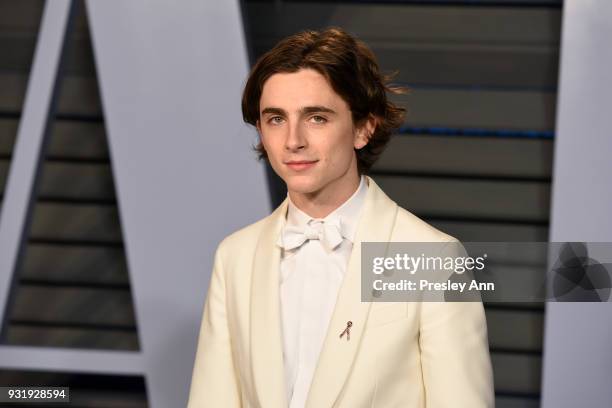 Timothee Chalamet attends the 2018 Vanity Fair Oscar Party Hosted By Radhika Jones - Arrivals at Wallis Annenberg Center for the Performing Arts on...