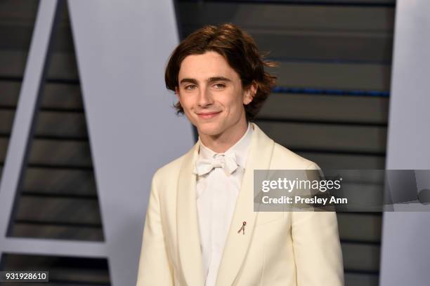 Timothee Chalamet attends the 2018 Vanity Fair Oscar Party Hosted By Radhika Jones - Arrivals at Wallis Annenberg Center for the Performing Arts on...