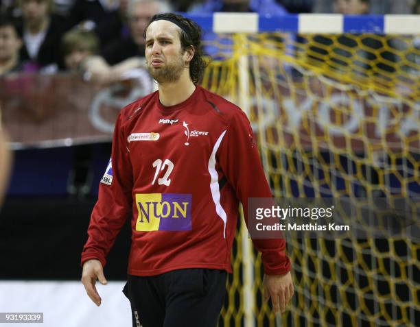 Silvio Heinevetter of Berlin reacts during the Toyota Handball Bundesliga match between Fuechse Berlin and HSV Hamburg at the Max-Schmeling hall on...