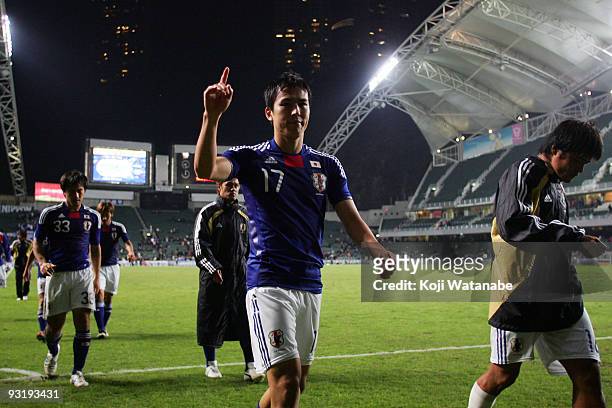 Makoto Hasebe of Japan celebrates the win over Hong Kong after AFC Asia Cup 2011 Qatar qualifier match between Hong Kong and Japan at Hong Kong...