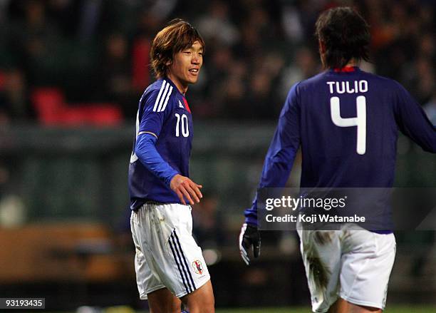 Shunsuke Nakamura of Japan celebrates the third goal during AFC Asia Cup 2011 Qatar qualifier match between Hong Kong and Japan at Hong Kong Stadium...
