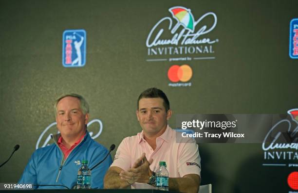 Sam Saunders and Michael Robichaud address the media during practice for the Arnold Palmer Invitational presented by MasterCard at Bay Hill Club and...