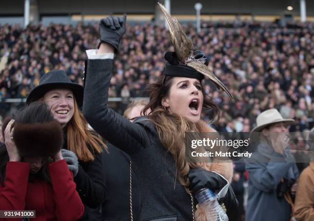 Racegoers cheer and react as they watch the Queen Mother Champion Steeple Chase on Ladies Day at the Cheltenham Racecourse on March 14, 2018 in...