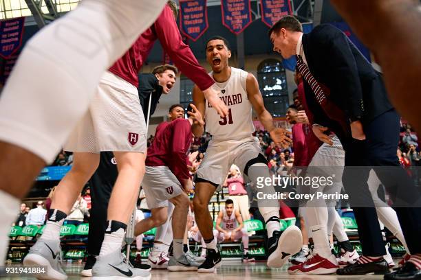 Seth Towns of the Harvard Crimson is introduced before the game at The Palestra on March 11, 2018 in Philadelphia, Pennsylvania. Penn defeated...