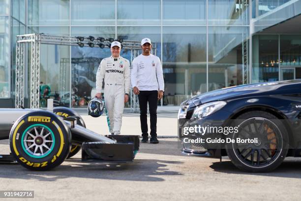 Valtteri Bottas and Lewis Hamilton, Mercedes-AMG PETRONAS Motorsport drivers, attend the PETRONAS Global Research and Technology Centre Preview on...