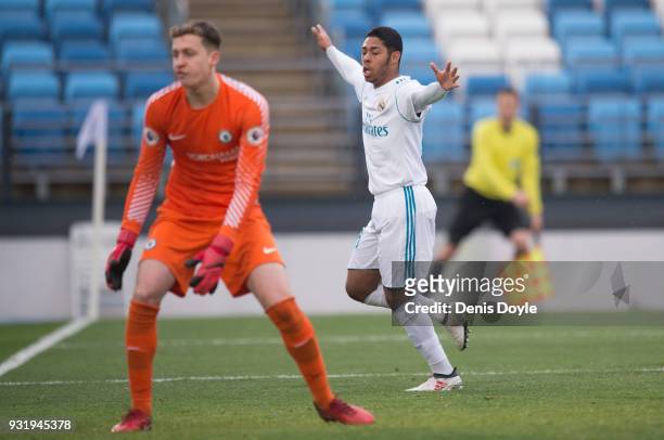 Ismael çlvarez of Real Madrid celebrates after scoring his team's second goal during the UEFA Youth League Quarter-final between Real Madrid and...
