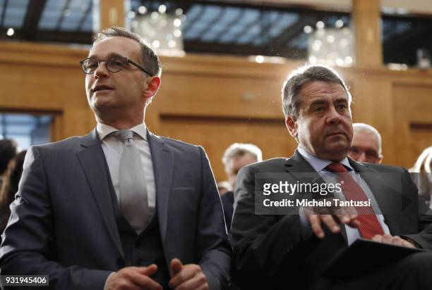 Outgoing German Foreign Minister Sigmar Gabriel and new German Foreign Minister Heiko Maas attend the ceremony marking the transition at the Foreign...