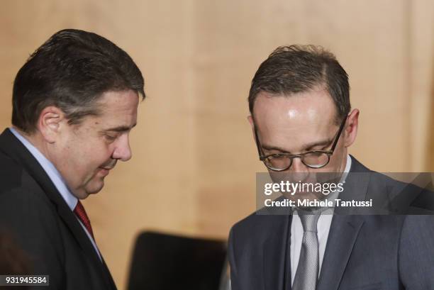 Outgoing German Foreign Minister Sigmar Gabriel and new German Foreign Minister Heiko Maas attend the ceremony marking the transition at the Foreign...