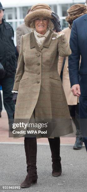 Camilla, Duchess of Cornwall Honorary Member of the Jockey Club, attends the second day of The Festival, Ladies Day at Cheltenham Racecourse on March...