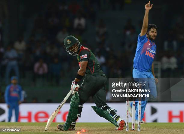 Indian cricketer Shardul Thakur celebrates after he dismissed Bangladesh cricketer Sabbir Rahman during the Fifth Match, Nidahas Twenty20 Tri-Series...