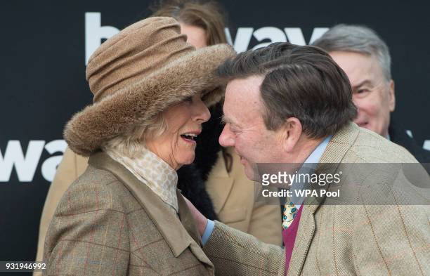 Camilla, Duchess of Cornwall Honorary Member of the Jockey Club, makes a presentation to the winner of The Betway Queen Mother Champion Steeple...