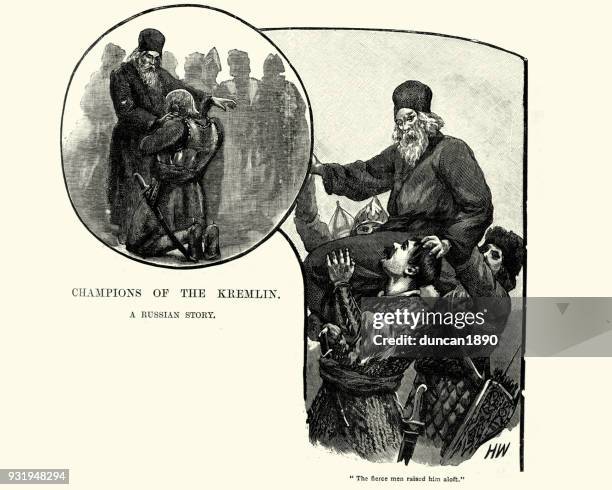 russian warriors holing a priest on their shoulders - soldier priest stock illustrations