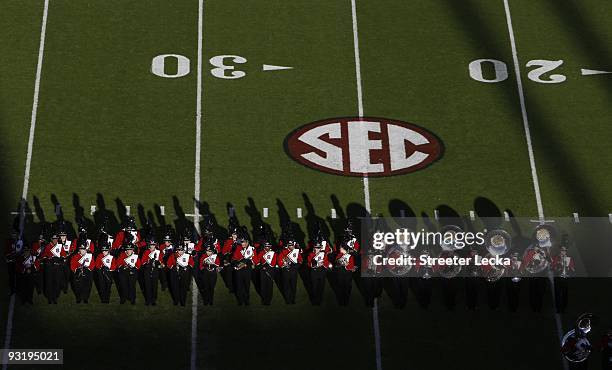 Overhead view of South Carolina Gamecocks marching band with SEC logo during the game against the Florida Gators at Williams-Brice Stadium on...