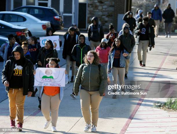 Students at the Baltimore Polytechnic Institute hold a walkout in support of gun control measures, to show solidarity with the survivors of the...