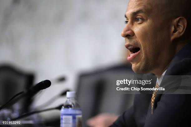 Senate Judiciary Committee member Sen. Cory Booker questions witnesses during a hearing about the massacre at Marjory Stoneman Douglas High School in...