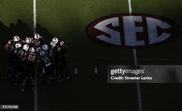 Overhead view with SEC logo as South Carolina Gamecocks players huddle during the game against the Florida Gators at Williams-Brice Stadium on...