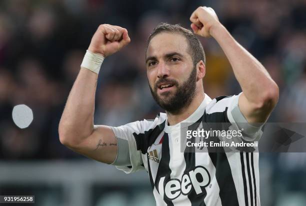 Gonzalo Higuain of Juventus FC celebrates after scoring the opening goal during the serie A match between Juventus and Atalanta BC at Allianz Stadium...