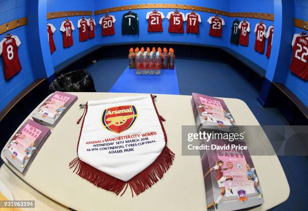 The Arsenal Women changing room before the match between Arsenal Women and Manchester City Ladies at Adams Park on March 14, 2018 in High Wycombe,...