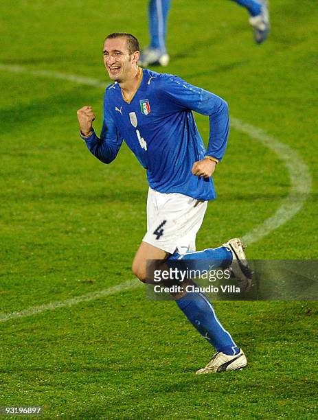 Giorgio Chiellini of Italy celebrates after scoring the opening goal during the international friendly match between Italy and Sweden at Dino Manuzzi...
