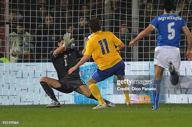 Italy's goalkeeper Federico Marchetti defends a shot from Tobias Hysen of Sweden during the international friendly match between Italy and Sweden at...
