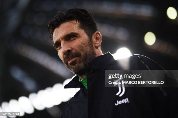 Juventus' goalkeeper Gianluigi Buffon looks on during the Italian Serie A football match between Juventus and Atalanta on March 14, 2018 at the...