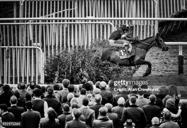 Keith Donoghue riding Tiger Roll clear the last to win The Glenfarclas Steeple Chase at Cheltenham racecourse on Ladies Day on March 14, 2018 in...