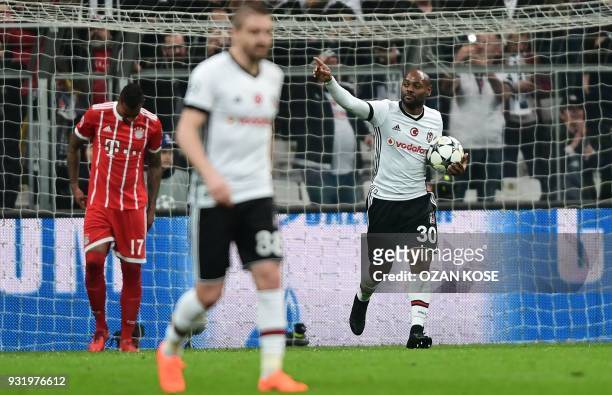 Besiktas forward Vágner Love celebrates after scoring during the second leg of the last 16 UEFA Champions League football match between Besiktas and...