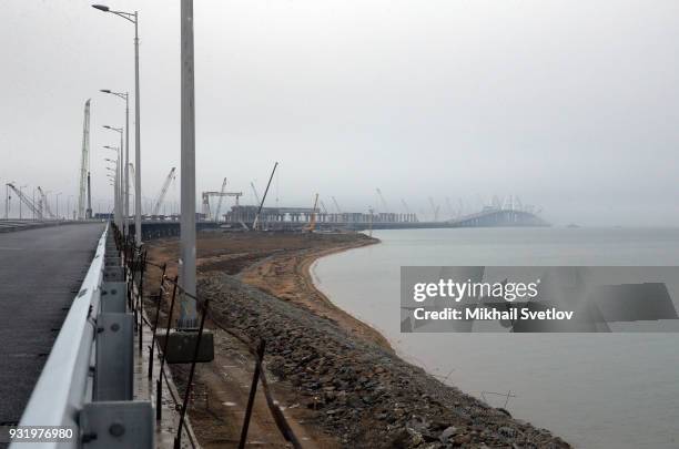 General view of the Crimean bridge which is being built to connect the Krasnodar region of Russia and Crimean Peninsula across the Kerch Strait on...